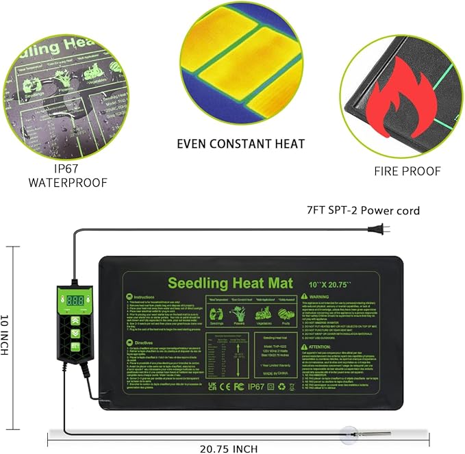 Seedling Heat Mat 10X20.75`` with Thermostat Durable Waterproof Warm Hydroponic Plant Heating Pad Temperature Controller Auto Off Timer for Seed Starting Germination Plant Propagation (2 Heat Pad)