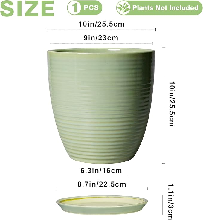 Ceramic Planter - 10 Inch Plant Pot for Indoor Outdoor with Drainage Hole and Plant Tray, Modern Round Home Office Patio Room Decor, House Warming Gifts, Green