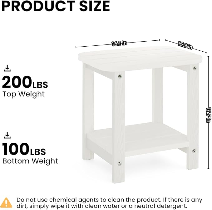 2-Tier Outdoor Side Table, 16" Adirondack Small Side Table All Weather Resistant, Patio End for Outside or Indoor, Patio, Yard, Pool, Porch, Garden, White