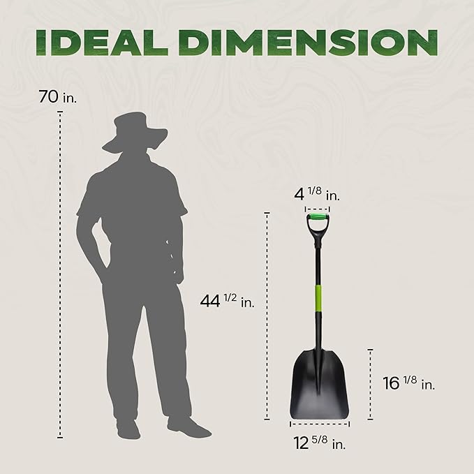 IDZO Aluminum Steel Scoop Shovel Heavy Duty, Ideal Height 44 1/2 Inches Metal Shovel with Strong Aluminum Steel Wide Blade, Durable Grain Shovel, Fiberglass D Handle with Ergonomic EPE Foam Grip