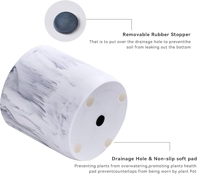 Ekirlin 6 Inch Resin Plant Pot Indoor - Natural Marble Texture Garden Planter with Drainage Hole, Removable Rubber Stopper and Non-Slip Soft Pad, Modern Succulents Containers for Home, Outdoor