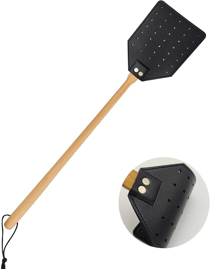 Heavy Duty Leather Fly Swatter, Long Handle Fly Swatter with Beech Wood Handle 19.7" Length, Flyswatter for Indoor and Outdoor (Black)