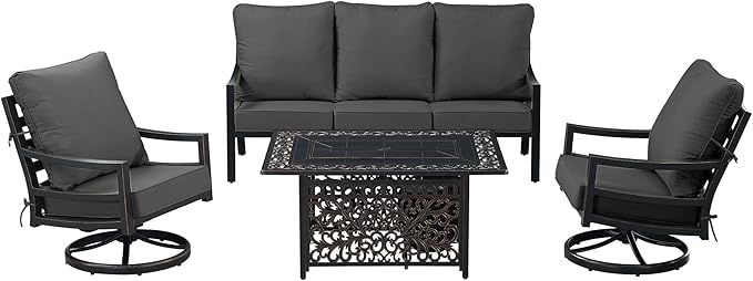 Oakland Living Black Aluminum Patio Fire Table Set with Deep Seating Sofa with Cushions and Two Club Chairs with Black Cushions