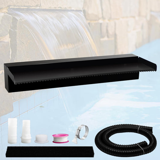 Pond Waterfall Spillway Pool Fountain Water Feature, Black Stainless Steel Outdoor Fountains, Swimming Pool Water Flow Waterfalls Kit for Garden Patio Ponds-23.6"x7.8"x3.9"(NO Light)