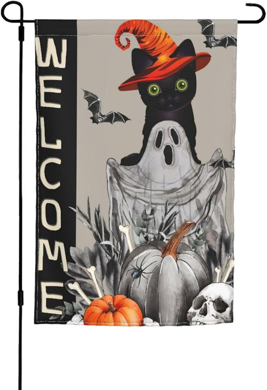 Halloween Ghost Cat Boo Pumpkin Skull Bat Garden Flag Welcome Party Outdoor Outside Decorations Picks Home House Garden Yard Decor 12x18 Inch