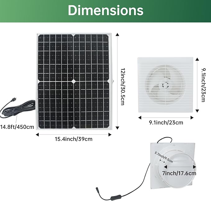 Solar Exhaust Fan, 25W Waterproof Solar Panel 8 Inch Ventilation Vent Fan for Greenhouse,Chicken Coop,Shed, Garage, Attic, Barn, Workshop Outside,14.8ft Cable