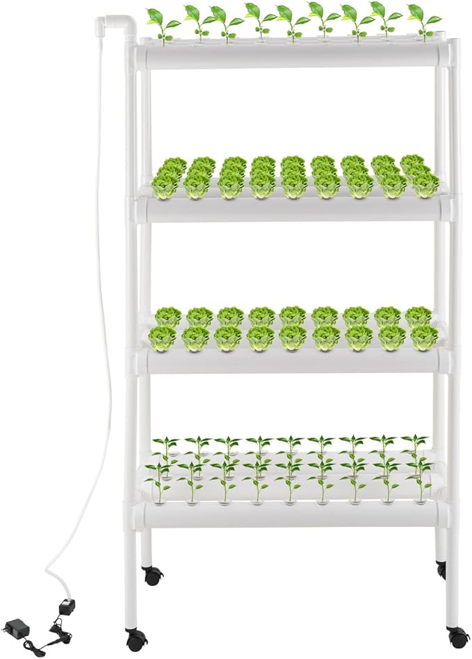 Hydroponics Growing System with Water Pump and Timing, 4 Layers Hydroponic Vegetable Growing Kit 108 Sites Food-Grade PVC-U Pipes for Fruits, Vegetables, Herbs