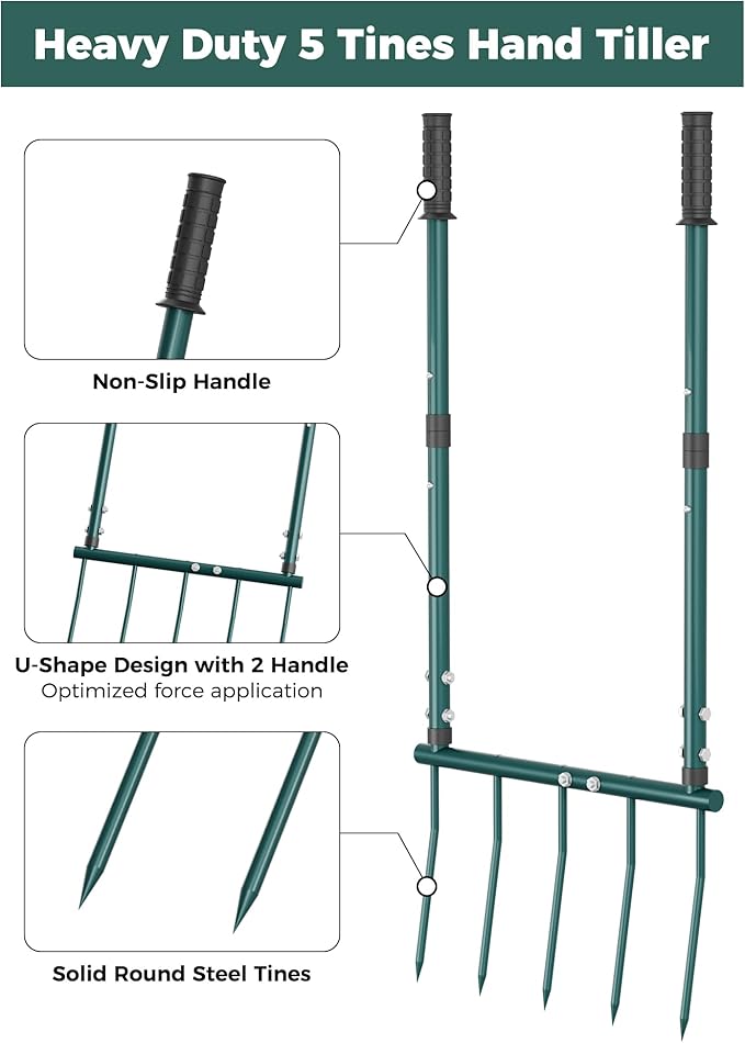 Broadfork Garden Tool, Pitch Fork 5 Tines Hand Tiller, Garden Fork with Ergonomic U-Shaped Design, Pitchfork for Gardening, Cultivating, Aerate Clay Soil for Farm
