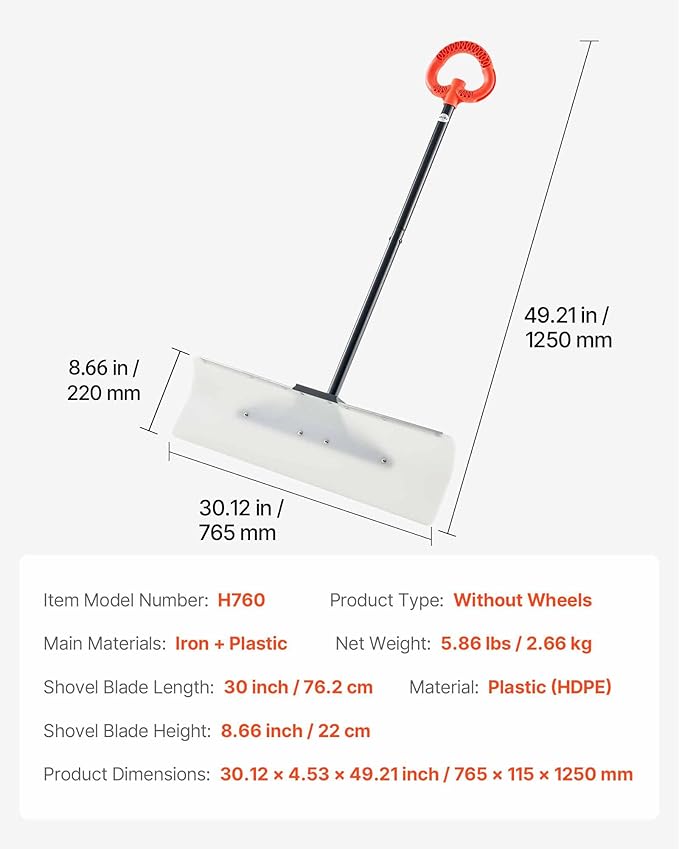 VEVOR Snow Pusher, 30 inch Wide Push Snow Shovel Plow for Driveway, Sidewalks and Doorways with Segmented Handle, Ergonomic Grip and HDPE Plastic Blade