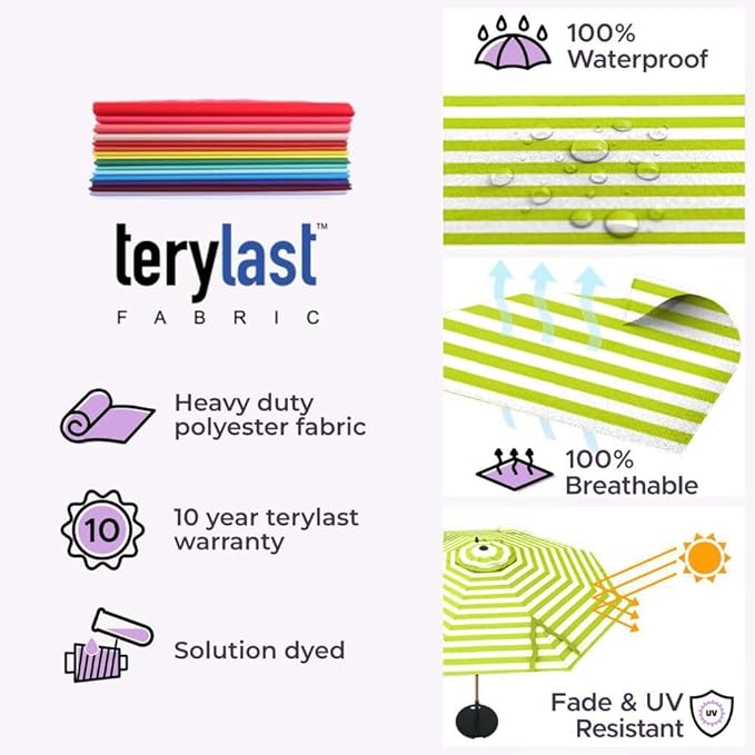 Midtown Umbrellas The Swilt 9 Feet Patio Umbrella in Terylast Pear Stripes (Green/White) Polyester Fabric - Fiberglass Ribs, Auto-Tilt Aluminum Frame For Backyard, Deck, Garden, Pool - White Pole