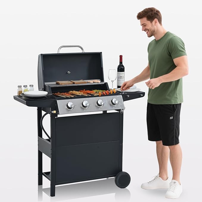 4-Burner Propane Gas BBQ Grill with Porcelain-Enameled Cast Iron Grates and 2 Foldable Side Tables, 34,000 BTU Stainless Steel Grill for Outdoor Camping Barbecue Grilling Backyard Cooking