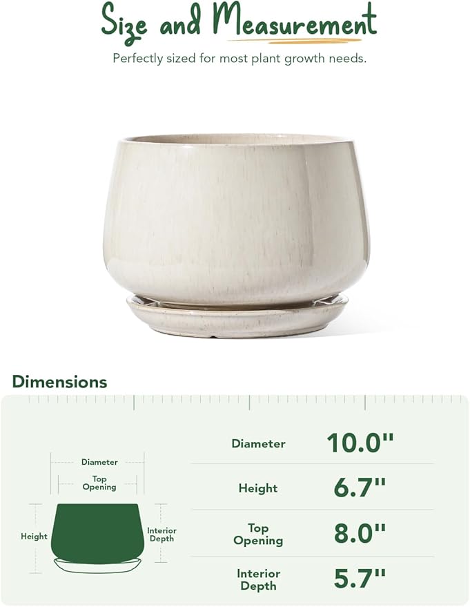 LE TAUCI Ceramic Planter, 10 Inch Plant Pot with Drainage Hole & Saucer – Durable Indoor Planter for Modern Home Decor, Reactive Glaze Beige