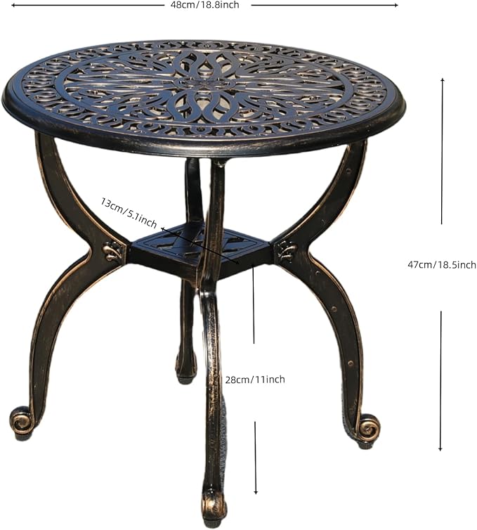 KAILI Outdoor Cast Aluminum Side Table Patio Side Table Backyard, Pool, Indoor, Easy Maintenance and Weather Resistant Coffee Table Porch Table Bistro Table (18.5round-Bronzed)