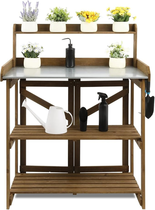 Folding Garden Potting Bench Table，Outdoor Wooden Work Station W/Metal Table Top,2 Tier Open Storage Rack,Top Shelf-Natural Stained