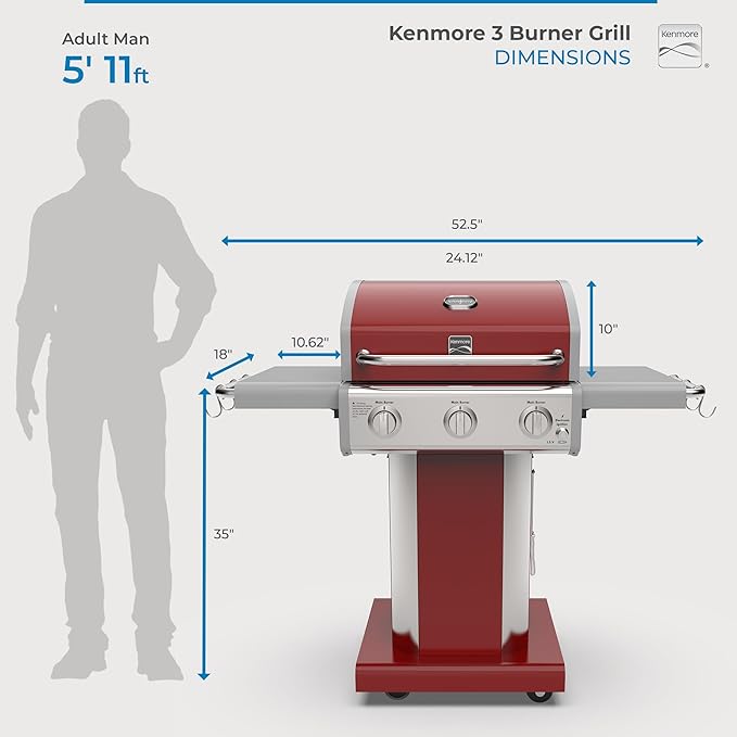 Kenmore 3-Burner Outdoor BBQ Grill | Liquid Propane Barbecue Gas Grill with Folding Sides, PG-A4030400LD-RD, Pedestal Grill with Wheels, 30000 BTU, Red