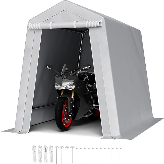 VEVOR 6x8x7 FT Portable Outdoor Storage Shed, Heavy-Duty Waterproof Shelter with Roll-Up Zipper Door & Vents, UV-Resistant Carport for Motorcycle, Bike, Lawn Mower, Tools, Gray