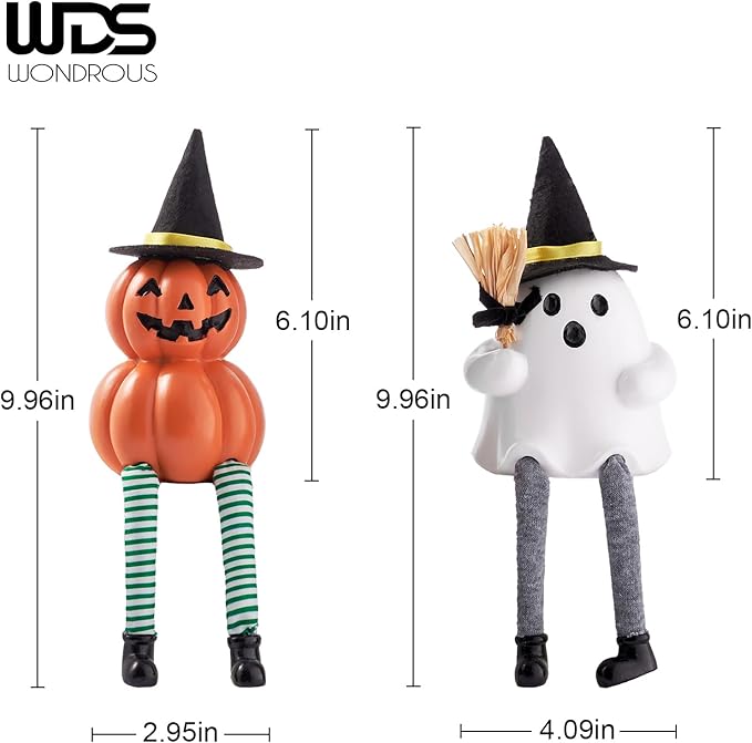 WDS WONDROUS Halloween Decoration-2 Pack Ghost Figurine & Pumpkin Statues for Indoor Mantle Shelf Sitters Table Decor, Cute Resin Pumpkin Ghost Sculpture with Hats, Legs and Broom, Spooky Gift