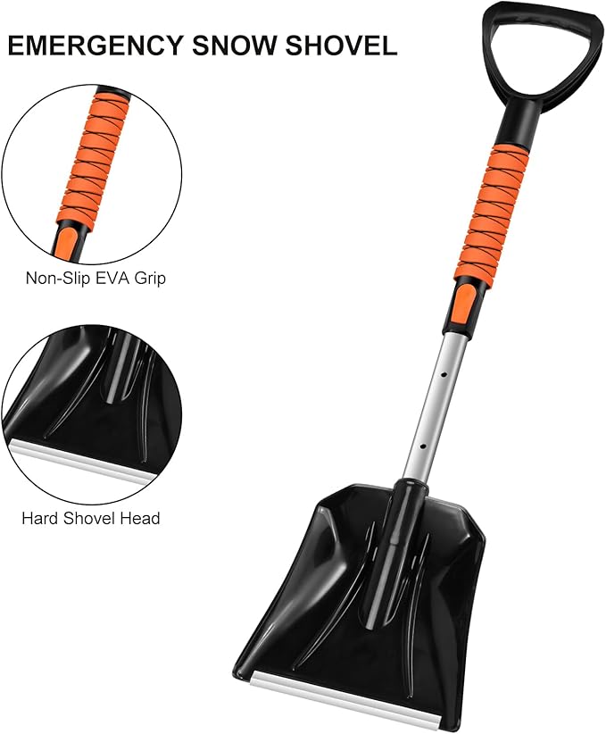 Odoland Ice Scraper with Snow Brush and Snow Shovel, 35" Extendable Snow Remover with Foam Grip, 360° Pivoting Brush Head for Car Windshield, Emergency Snow Scraper for SUV Truck Vehicle, Orange