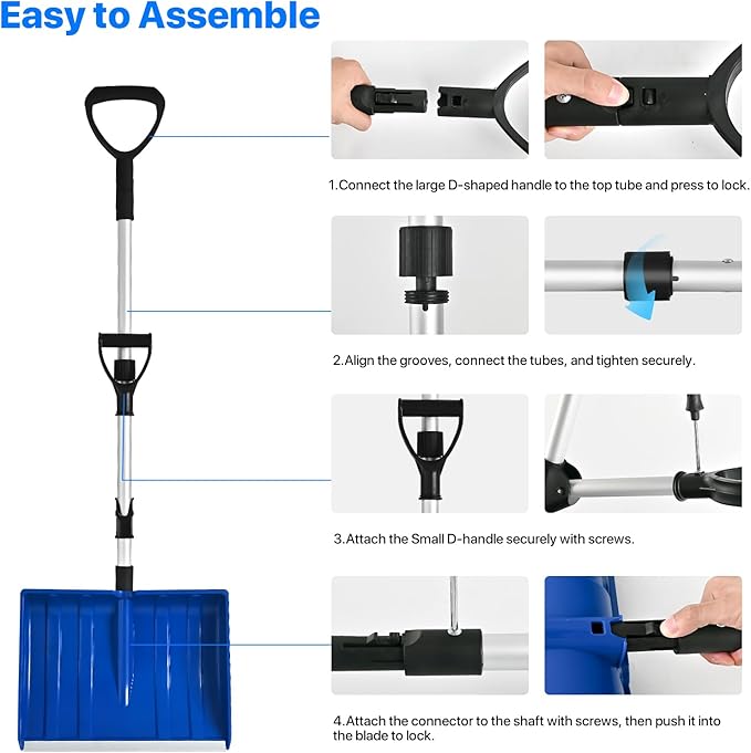 Ergonomic Snow Shovel for Driveway and Car, 51 Inch Long Heavy Duty Snow Shovels for Snow Removal with Assist Handle, Large Capacity Lightweight Winter Tool for Garage, Camping