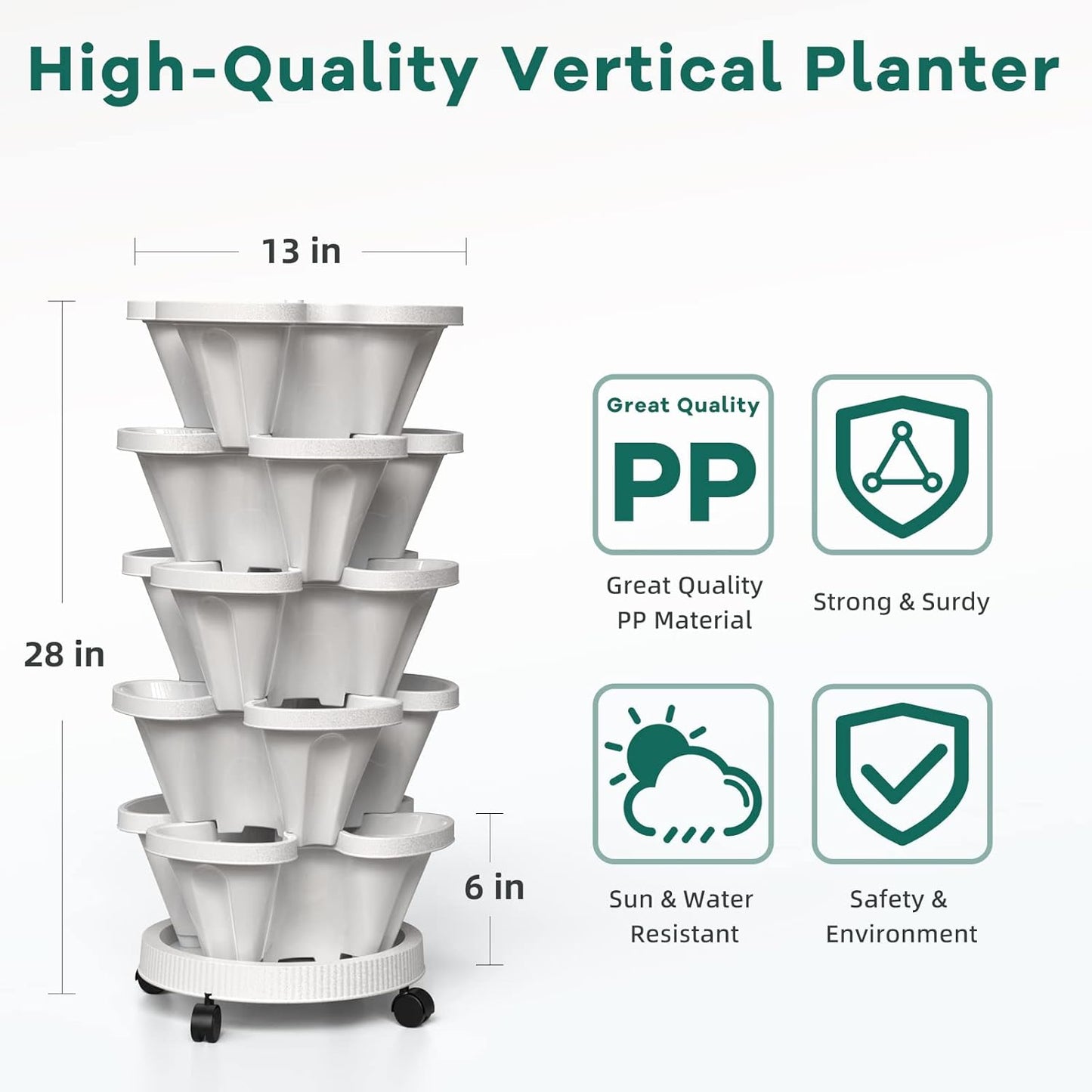 Strawberry Vertical Planters, 5 Tiered Stacking Tower Garden with Support Pole, Stackable Herb Vegetable Planters Indoor and Outdoor - White