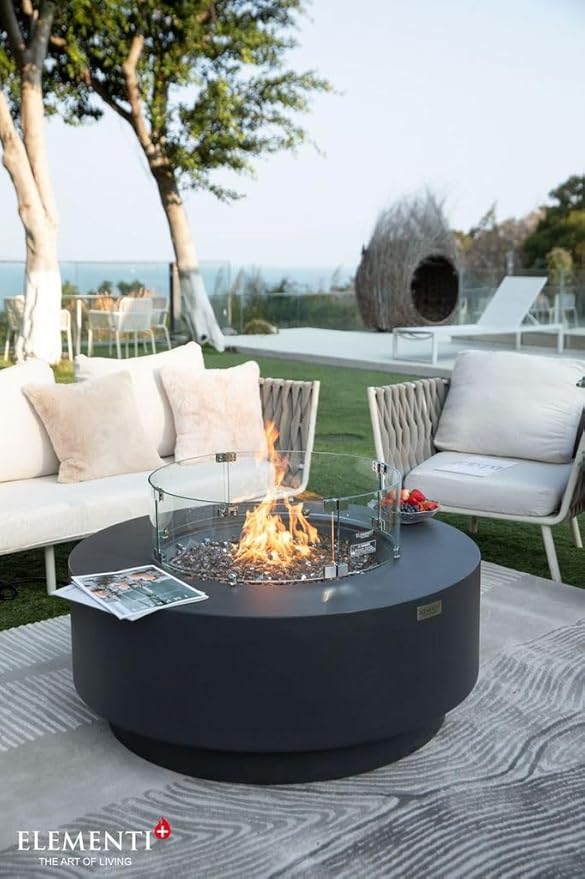 Elementi+ | Bundle Nimes Gas Fire Pit Cast Concrete 40" Dia. Round Fire Table, Outdoor Fire Pit Electronic Ignition | Canvas Cover, Fire Glass and Burner Lid Included | Dark Gray | Natural Gas