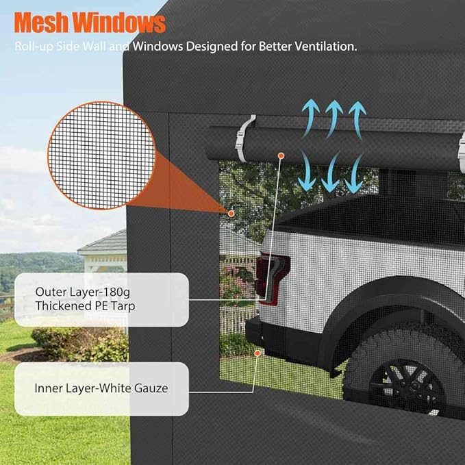 JAMFLY Carport, 10x20 ft Heavy Duty Carport with Roll-up Windows, Portable Garage with Removable Sidewalls & Doors, Car Canopy with Sandbags and All-Season Tarp for Car Boat Truck Motorcycle, Grey