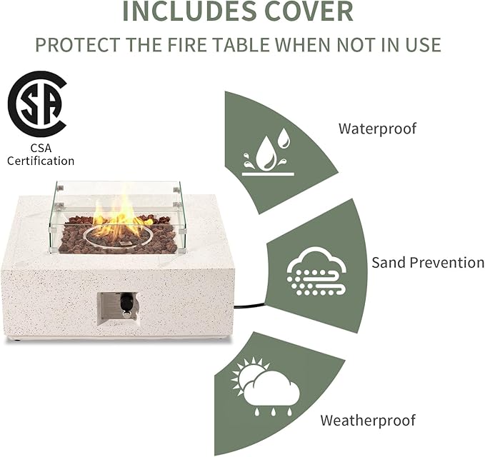 COSIEST 35-inch Square Outdoor Sandstone Propane Fire Pit w Wind Guard and Side Table, CSA Certified, 50,000 BTU Stainless Steel Burner, Free Lava Rocks and Rain Cover, Metal Lid(Beige)