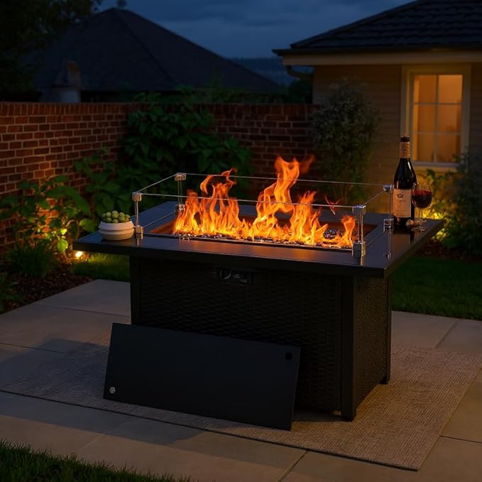 43'' Gas Fire Pit Table, Outdoor Rectangle Fire Pit Table with Cover, Glass Wind Guard & Glass Rock, 60000 BTU Stainless Steel H-Burner Fire Pit Tables for Outside Patio Backyard Garden (Rectangle)