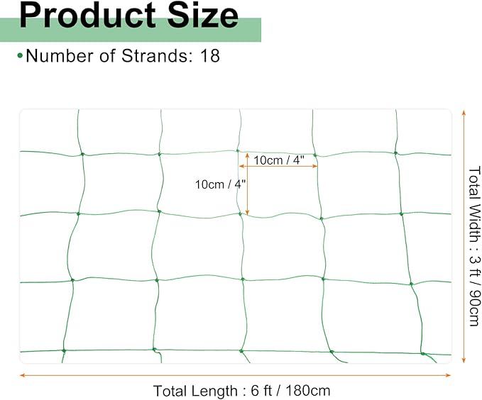 HARFINGTON Trellis Netting for Climbing Plants 3 x 6ft 18 Strands Heavy Duty Garden Trellis Netting Polyethylene Plant Support Net with 4" x 4" Mesh for Fruits Vegetables Cucumber