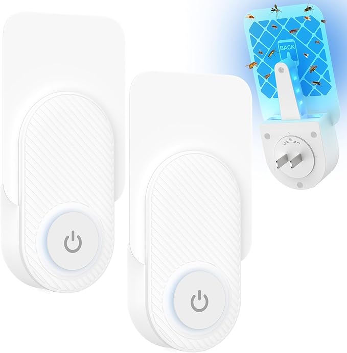 2PCS Fruit Fly Traps for Indoors- Highly Effective UV Blueish-Purple Light | Plug-in Fly Trap for Flies, Fruit Flies, Moths, Gnats, and Other Flying Insects, with 10 Sticky Pads(FT91-2pc)