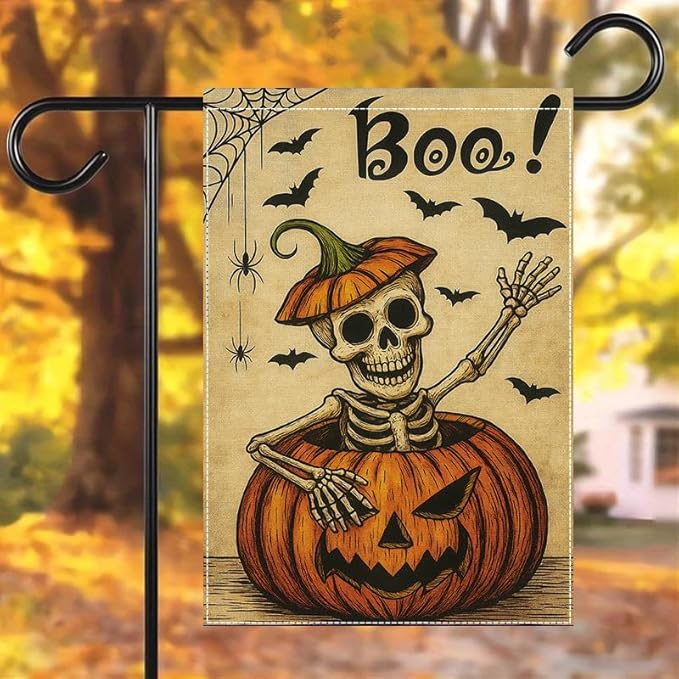 Halloween Garden Flag 12x18 Inch Boo Skeleton Pumpkin Yard flag Double Sided Spooky Outdoor Lawn Porch Patio Party Decoration Holiday Decor