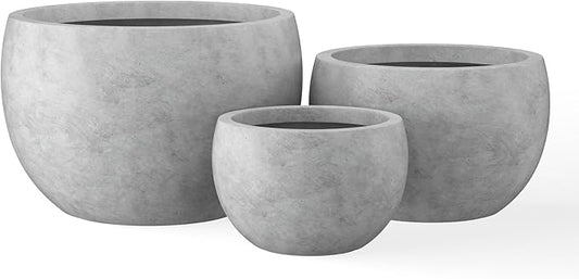 Kante 19.9",15.7",11.8" Dia Round Concrete Planter Set of 3, Outdoor/Indoor Large Bowl Plant Pots with Drainage Hole and Rubber Plug for Garden Patio Balcony Home, Natural Concrete