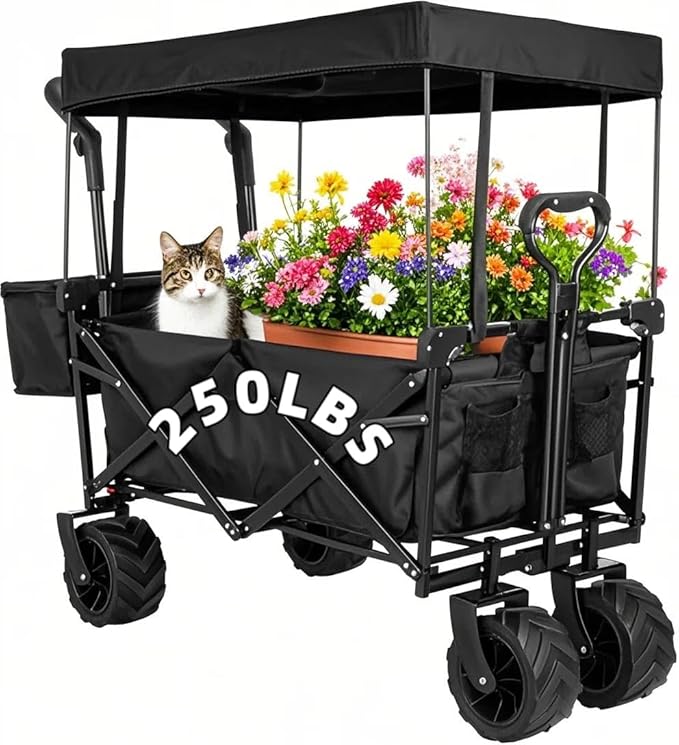 AthLike Extra Large Collapsible Wagon w/Removable Canopy, 250lbs/262L Capacity Foldable Garden Cart w/Rear Storage, Heavy Duty Push&Pull Utility Camping Beach Stroller w/Big Wheel&Adjustable Handles