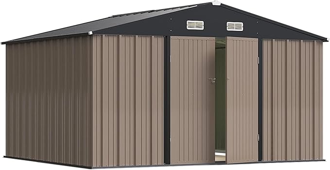Greesum 10×8 FT Outdoor Storage Shed, Metal Storaged Sheds Without Floor, Tool Sheds with Lockable Doors and Slooping Roof for Garden, Patio, Backyard, Brown