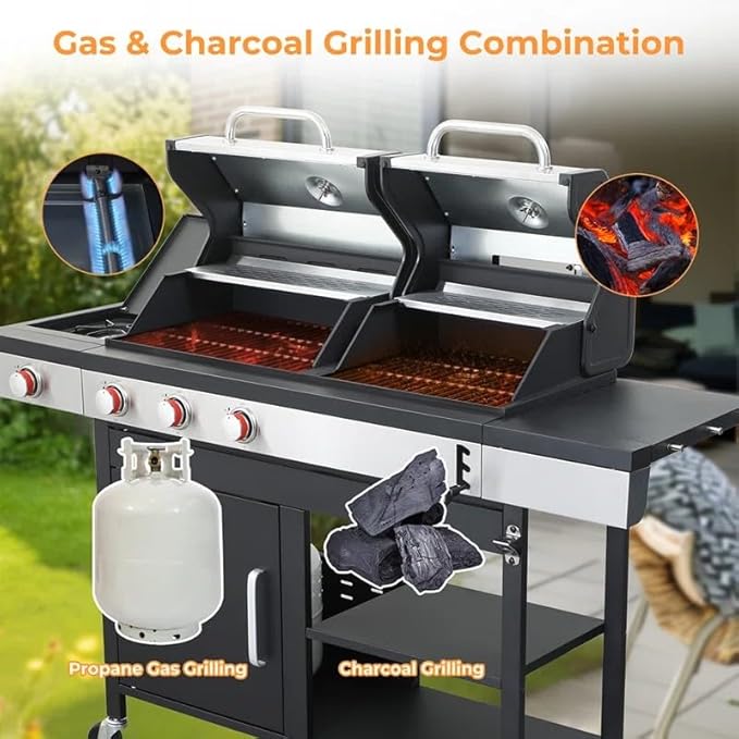 3-Burner Propane Gas and Charcoal Combo Grill with Side Burner - 37,230 BTU, Stainless Steel, Enameled Cast Iron Grates for Outdoor BBQ