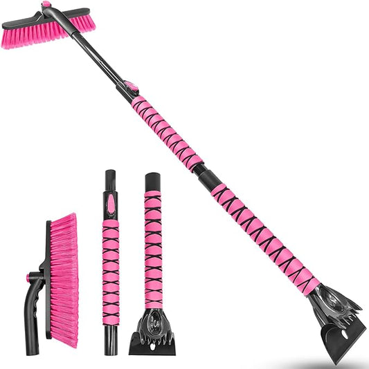 HEEYA 51 Inch Snow Brush for Trucks, Extendable Long Handle Ice Scraper with Brush with Foam Grip, SUV Heavy Duty Snow Brush with Ice Scraper for Car Auto Jeep RV Vehicle Windshield Window - Pink