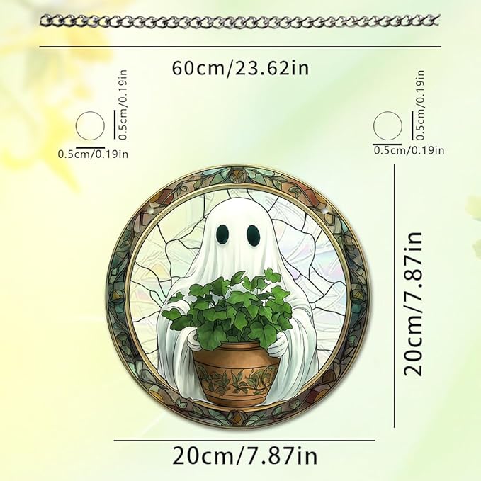 Halloween Sun Catcher - 8 Inch Round Suncatcher for Window Hanging Decoration - Creates Indoor Rainbows Light Refraction - Spooky Ghost, Witch, Pumpkin Design - Suction Cup Hook & Chain