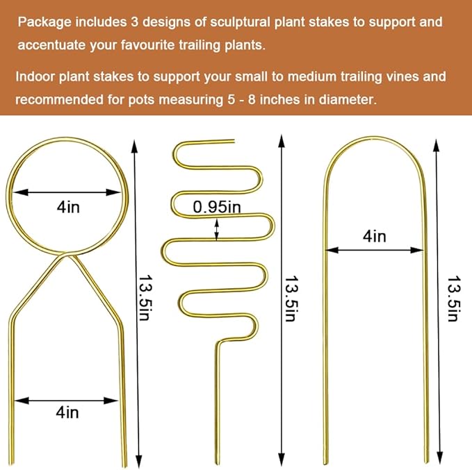 Small Metal Trellis for Potted Plants, 3 Pcs Gold Trellis for Climbing Plants Indoor, Plant Support Stake Mini House Plant Trellis for Hoya, Flower, Pothos, Monstera
