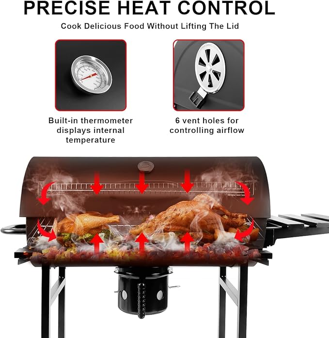 Charcoal Grill with Temperature Gauge - Large Outdoor Barrel Barbecue Grill with Side Table, 565 sq in Cooking Space for 8-12 People, Ideal for Camping and Backyard BBQ