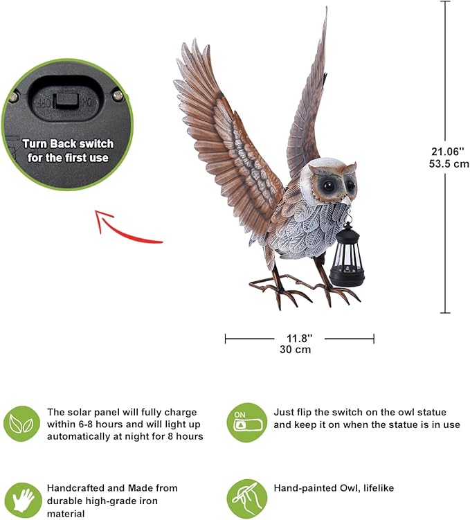 Nacome Garden Owl Statue for Yard Art: Metal Outdoor Sculptures with Solar Lantern for Clearance Lawn Decor for Patio Balcony Front - Gifts for Mom Grandma