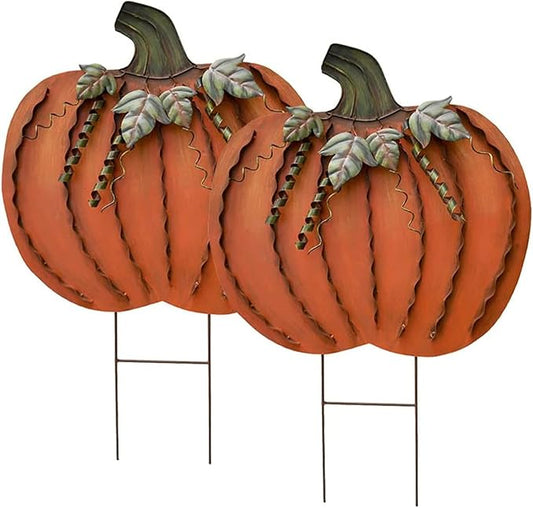 Morning View Pumpkin Garden Stakes Metal Yard Sign Fall Decor Outdoor Autumn Yard Stake Art Pumpkin Lawn Ornaments for Patio Porch Thanksgiving Halloween Harvest 26 Inches Tall Set of 2