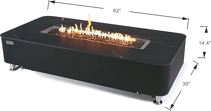 Elementi+ | Bundle Valencia Gas Fire Pit | Concrete Body & Marble Porcelain Top | 62" Rectangular Fire Table | Electronic Ignition | Canvas Cover, Fire Glass, Burner Lid & More | Black | Natural Gas