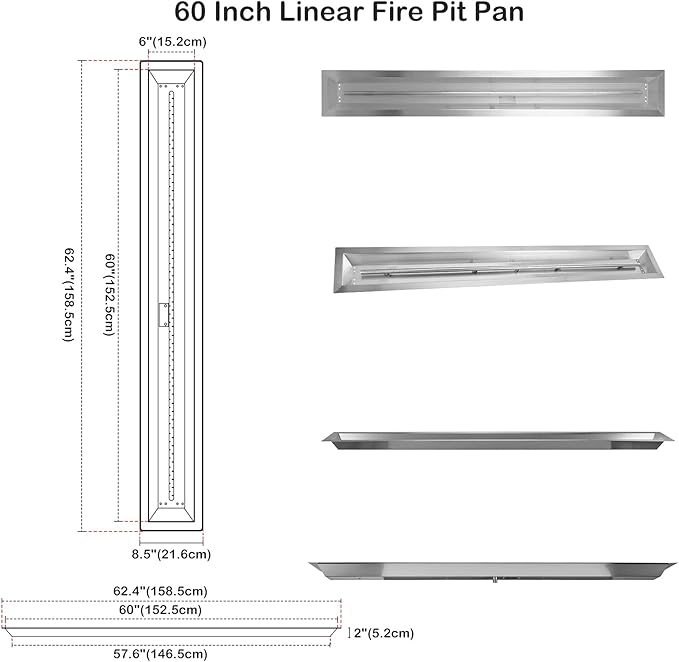 Stanbroil 60 by 6-Inch Linear Trough Drop-in Fire Pit Pan and Burner, 304 Stainless Steel Large Fire Pit for Natural Gas & Propane, BTU 108,000 Max