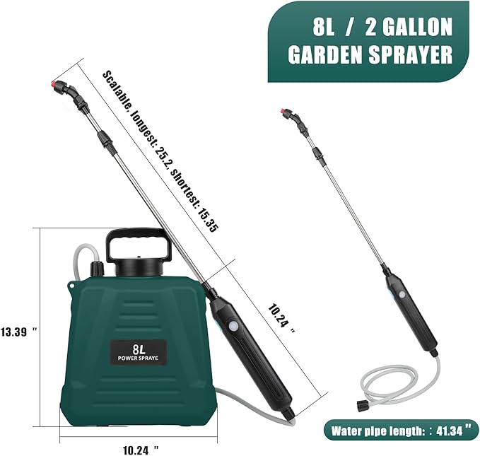2 Gallon Battery Powered Sprayer, Electric Garden Sprayer, Backpack Sprayer with 3 Mist Nozzles & USB Rechargeable Handle & Retractable Wand & Adjustable Strap for Lawn, Garden, Yard (Green)