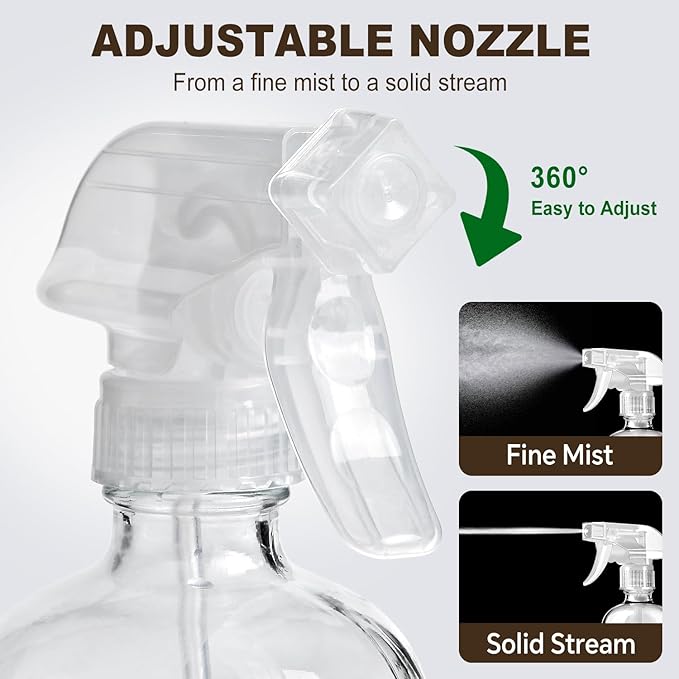 Glass Spray Bottles with Silicone Sleeves (2 Pack, 16 oz), Mist and Stream Empty Refillable Containers, Water Sprayer Misting Bottle for Cleaning Solutions, Planting, Hair Spraying, Green & Grey