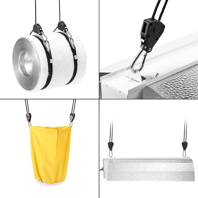 4 Pairs 1/8 Inch Adjustable Heavy Duty Ratchet Hanger Grow Light Fixtures Rope Clip Hangers Hanging Ropes for Gardening Grow Plant Fan Reflectors Filter Tent,150lbs Weight Capacity