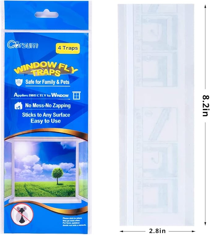 Garsum Window Fly Traps Indoor, Fly Paper Bug Sticky Strips, House Fly Killer Window Decal Non-Toxic,4 Pcs per Pack Total 12 Pieces
