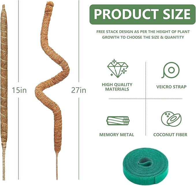 4 Pack 28'' Bendable Moss Pole Plant Stand for Indoor Climbers - Stakes for Potting Climbers - Free Garden Tie Tall Pole Indoor Planter for Home Potting - Potting Accessories