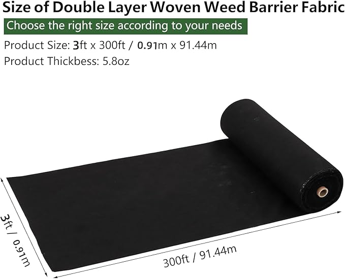 3ft x 300ft Weed Barrier Fabric Heavy Duty, 5.8oz Premium Landscape Fabric for Garden, Lawn, Driveway & Outdoor Weed Control, Durable Weed Fabric with High Permeability