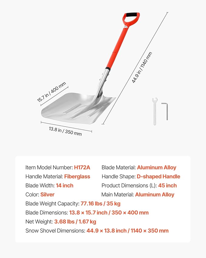 VEVOR Snow Shovel for Driveway, 14 in Wide Aluminum Alloy Snow Shovel with D-Shaped Handles, Large Capacity Snowplow Shovels, Lightweight Snows Removal Tool for Garden Car Camping